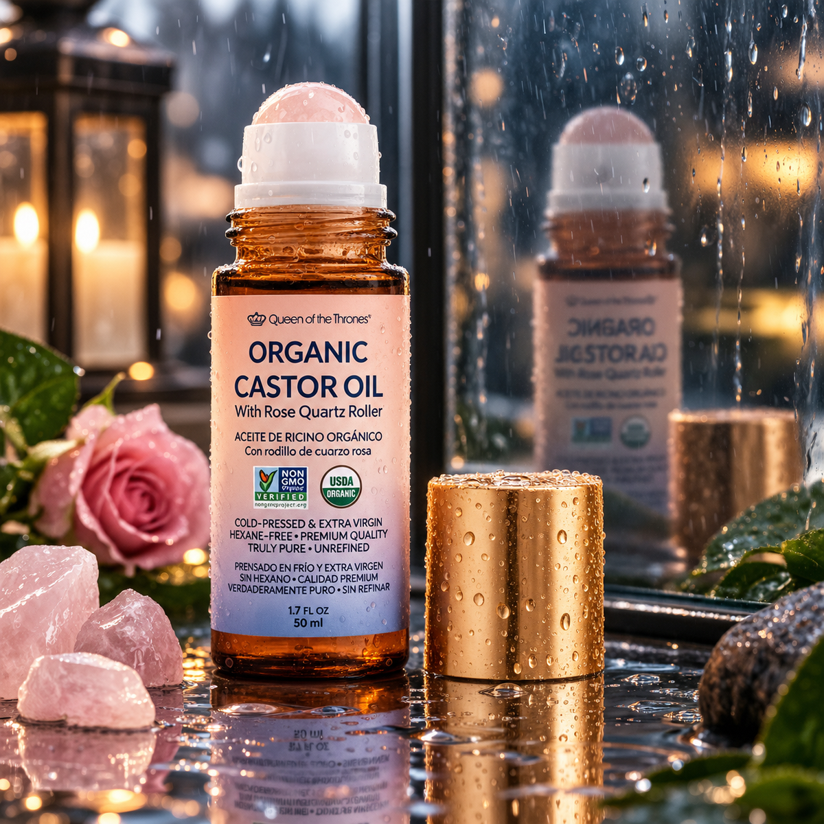 QUEEN OF THE THRONES Organic Castor Oil Rose Quartz Roll-On, 1.7 oz, 50mL
